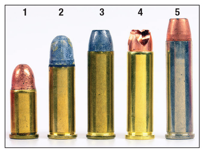 The evolution of the 32: (1) 32 S&W, (2) 32 S&W Long, (3) 32 H&R Magnum (original Federal 95-grain load), (4) 32 H&R Magnum with 75-grain Lehigh Xtreme Defense bullet and a (5) 327 Federal Magnum.